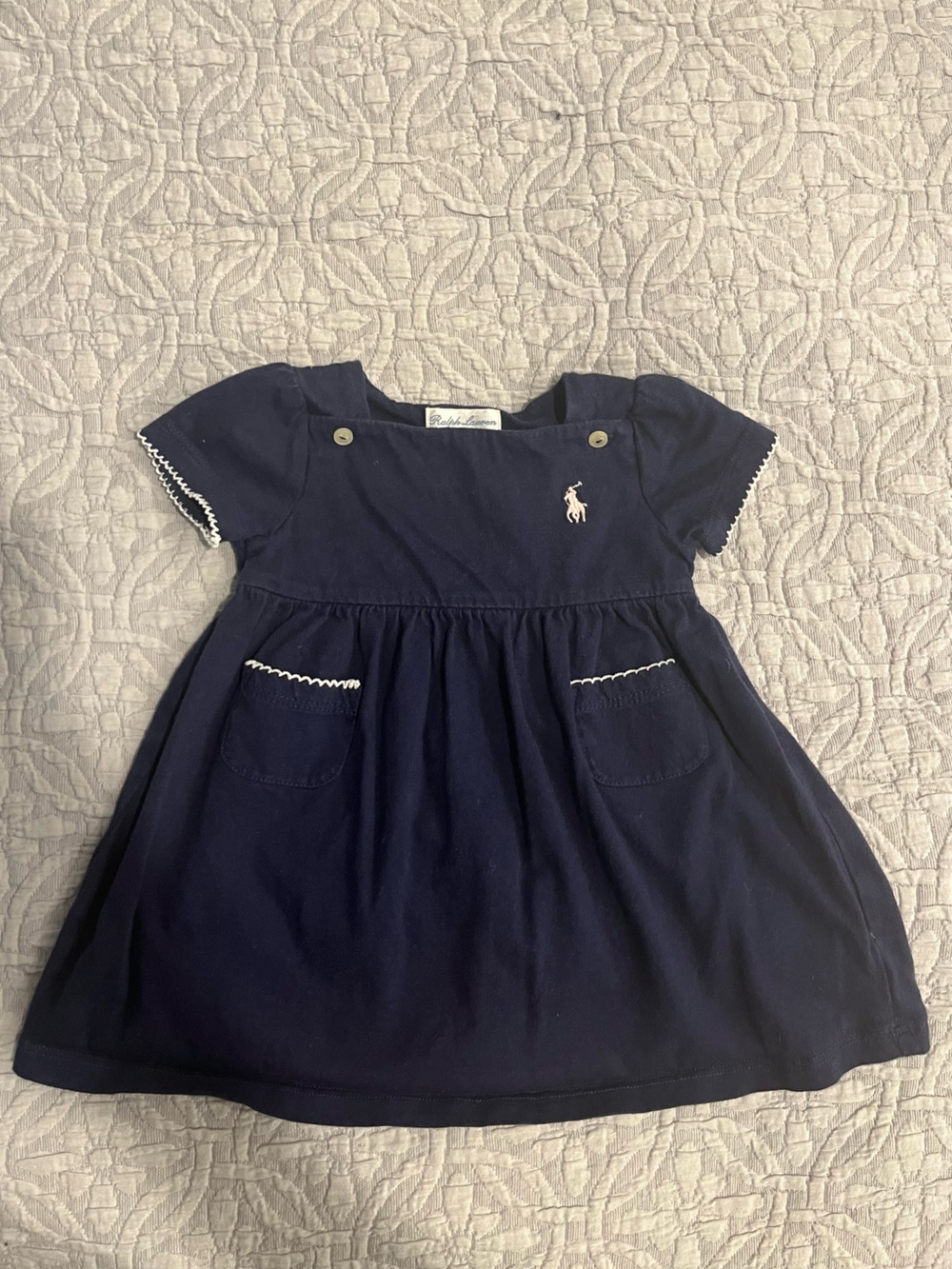🩷 2 for $15 EUC Ralph Lauren Navy Baby Dress Pony White Scalloped Trim Size 6M